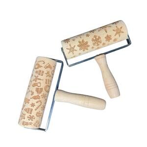 Christmas Wooden Rolling Pins (Set Of 2) For Embossing Baked Goods - New No Box